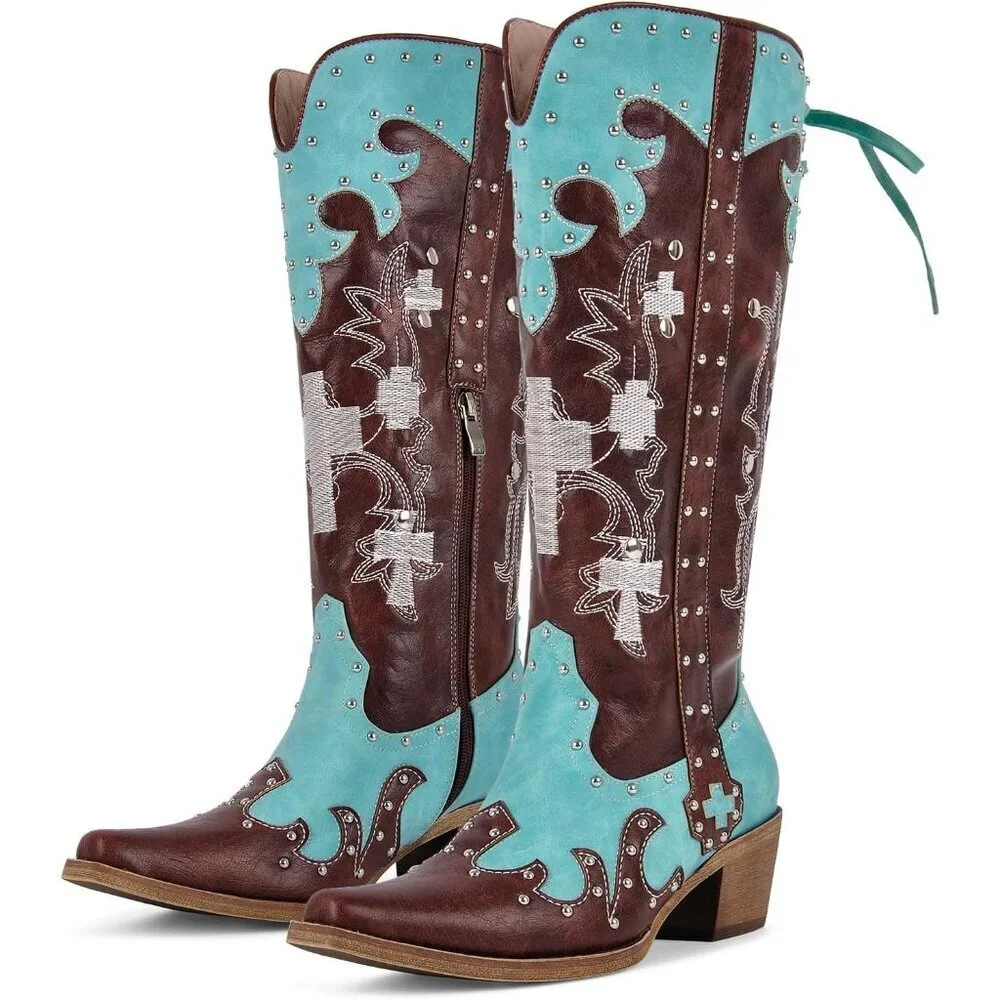 Women's Brown Embroidered Knee High Studded Two-Tone Pathwork Cowboy Boots